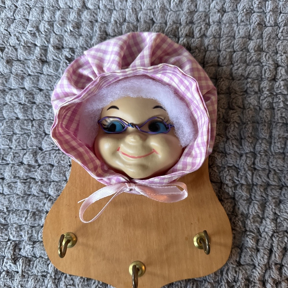 Vintage Folk Art Doll Head Grandma Plastic Key Holder Wall Hanging Handmade 7"